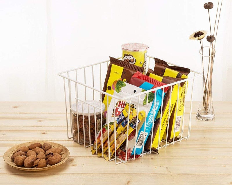 Slideep Fridge Freezer Baskets, Wire Storage Organizer Basket, Household Refrigerator Bin with Built-in Handles for Cabinets, Pantry, Closets, Bedrooms White - Set of 2 - Image 4